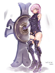 Rule 34 | 1girl, 2017, armor, armored boots, bare shoulders, boots, breasts, dated, elbow gloves, fate/grand order, fate (series), full body, gloves, hair over one eye, high heels, leotard, looking at viewer, mash kyrielight, nyuu (manekin-eko), purple eyes, purple gloves, purple hair, shield, short hair, solo