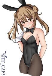 Rule 34 | absurdres, alternate costume, animal ears, black bow, black bowtie, black leotard, black pantyhose, bow, bowtie, breasts, brown eyes, cleavage, detached collar, double bun, gloves, hair bun, highres, kantai collection, leotard, light brown hair, medium hair, michishio (kancolle), pantyhose, parted lips, playboy bunny, rabbit ears, rabbit tail, short twintails, small breasts, tail, tf cafe, twintails, twitter username, white gloves, wrist cuffs