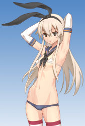 Rule 34 | 10s, 1girl, armpits, arms behind head, arms up, bikini, black neckerchief, blonde hair, blush, breasts, commentary request, elbow gloves, gloves, grey eyes, hair ribbon, hairband, highres, kantai collection, long hair, looking at viewer, micro bikini, minazuki juuzou, navel, neckerchief, open mouth, ribbon, sailor collar, shimakaze (kancolle), small breasts, solo, striped clothes, striped thighhighs, swimsuit, thighhighs, white gloves