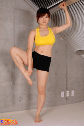 Rule 34 | 1girl, absurdres, arm up, armpits, breasts, cleavage, highres, midriff, navel, photo (medium), ponytail, shorts, solo, sports bra, yoshizuki azusa