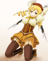 Rule 34 | 10s, 1girl, arms behind head, arms up, bayonet, beret, blonde hair, blush, boots, breasts, brown thighhighs, corset, covered erect nipples, crossed arms, dancho (danch), detached sleeves, drill hair, dual wielding, fingerless gloves, garter straps, gloves, gradient background, gun, hair ornament, hairpin, hat, highres, holding, kneeling, large breasts, magical girl, magical musket, mahou shoujo madoka magica, mahou shoujo madoka magica (anime), open mouth, pleated skirt, puffy sleeves, ribbon, rifle, shirt, skirt, smile, solo, striped clothes, striped thighhighs, taut clothes, taut shirt, thighhighs, tomoe mami, twin drills, twintails, vertical-striped clothes, vertical-striped thighhighs, weapon, yellow eyes, zettai ryouiki
