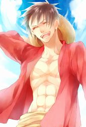 Rule 34 | 1boy, abs, akizuki hakuto, blue sky, closed eyes, hat, unworn headwear, male focus, monkey d. luffy, muscular, one piece, open clothes, open mouth, open shirt, outdoors, red shirt, sash, scar, shirt, sky, smile, solo, straw hat