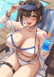 Rule 34 | 1girl, absurdres, bare shoulders, beach chair, bikini, blush, breasts, brown hair, cleavage, collarbone, cup, highres, jacket, large breasts, long sleeves, looking at viewer, momo no sukebe, navel, off shoulder, open clothes, open jacket, open mouth, original, short hair, sitting, smile, solo, swimsuit, thigh strap, thighs, tongue, tongue out, visor cap, wet, white bikini, white jacket, yellow eyes