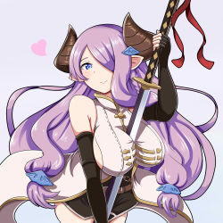 Rule 34 | 10s, 1girl, bare shoulders, between breasts, blue eyes, blush, braid, breasts, cow girl, cow horns, daiichi, elbow gloves, female focus, fingerless gloves, gloves, granblue fantasy, hair ornament, hair over one eye, highres, horns, katana, large breasts, light purple hair, long hair, looking at viewer, miniskirt, narmaya (granblue fantasy), pointy ears, sexually suggestive, sideboob, simple background, skirt, smile, solo, standing, sword, weapon
