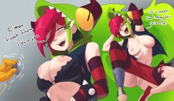 Rule 34 | 1girl, absurdres, black gloves, bra, bracelet, breasts, cleft of venus, demencia, dr. floog, english text, fingerless gloves, gloves, green hair, highres, ia, inker comics, jewelry, large breasts, long hair, medium breasts, multicolored hair, navel, nipples, open mouth, pussy, red hair, smile, solo focus, spiked bracelet, spikes, stethoscope, thighhighs, trembling, two-tone hair, underwear, villainous