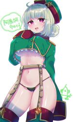 Rule 34 | 1girl, araga kiwi, black panties, blush, boots, breasts, cowboy shot, doodle inset, double bun, garter straps, gloves, green hair, green jacket, hair bun, hat ornament, highres, jacket, leoparde (mahou shoujo ni akogarete), looking at viewer, lowleg, lowleg panties, magical girl, mahou shoujo ni akogarete, medium hair, military jacket, mole, mole under eye, navel, open mouth, panties, purple eyes, rinne (mizunosato), shiny skin, simple background, sleeves past fingers, sleeves past wrists, smile, solo, speech bubble, standing, star (symbol), star hat ornament, stomach, string panties, thigh boots, underboob, underwear, very long sleeves, white background