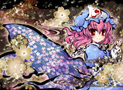 Rule 34 | 1girl, cherry blossoms, chino (ch no), hat, looking at viewer, mob cap, pink hair, red eyes, saigyouji yuyuko, short hair, smile, solo, touhou, triangular headpiece, wind