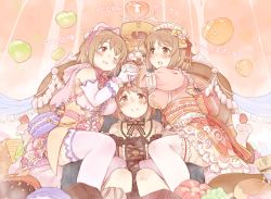Rule 34 | 1boy, 3girls, 7010, blush, bow, breasts, brown eyes, brown hair, elbow gloves, flower, food, formal, girl sandwich, gloves, hair bow, hair flower, hair ornament, hairband, hat, heart, heart-shaped pupils, idolmaster, idolmaster cinderella girls, idolmaster cinderella girls starlight stage, large breasts, mimura kanako, multiple girls, multiple persona, necktie, nightcap, one eye closed, open mouth, p-head producer, plump, producer (idolmaster), sandwiched, smile, spoon, suit, sweat, symbol-shaped pupils, thighhighs, translated, white gloves, white legwear