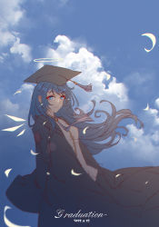 Rule 34 | 1girl, absurdres, alternate costume, arknights, arms behind back, black coat, black hat, black necktie, blue eyes, blue sky, closed mouth, cloud, coat, dated, day, english text, hat, highres, innoarukugyou, long sleeves, looking at viewer, mortarboard, mostima (arknights), necktie, open clothes, open coat, outdoors, petals, shirt, sky, smile, solo, tassel, white shirt