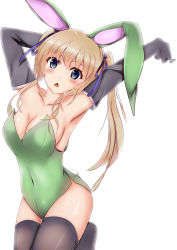 Rule 34 | 1girl, absurdres, alternate costume, animal ears, armpits, arms up, bare shoulders, black gloves, black thighhighs, blonde hair, blue eyes, blue ribbon, blush, breasts, cleavage, collarbone, covered navel, cowboy shot, elbow gloves, fake animal ears, gloves, hair ribbon, highres, leotard, long hair, looking at viewer, medium breasts, mizuki (satukisen), playboy bunny, rabbit ears, rabbit tail, ribbon, saenai heroine no sodatekata, sawamura spencer eriri, sideboob, simple background, solo, tail, thighhighs, triangle mouth, twintails, white background