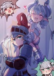 Rule 34 | 4girls, absurdres, arianna the labrynth servant, arianne the labrynth servant, armor, ass, blue eyes, blush, breasts, c civciv, carrying, carrying over shoulder, carrying person, chained wrists, chibi, drooling, earrings, garter straps, green eyes, grey hair, highres, horns, jewelry, knight, knight (yu-gi-oh!), large breasts, lovely labrynth of the silver castle, maid, mouth drool, multiple girls, one eye closed, pointy ears, red eyes, smug, sparkle, yu-gi-oh!