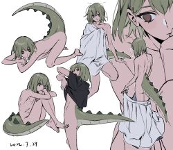 Rule 34 | 1boy, all fours, back, bare legs, barefoot, black shirt, brown eyes, close-up, collage, cropped legs, crossed ankles, double-parted bangs, dragon boy, dragon tail, feet, flat chest, full body, green hair, hana (adey), head on hand, highres, knees up, looking at viewer, looking to the side, medium hair, messy hair, nipples, nude, original, penis, shirt, sitting, sketch, skirt, standing, tail, tail raised, ten (lu2948d), towel, trap, undressing, white background, white skirt