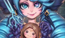 Rule 34 | 1girl, black bow, black sleeves, bow, character doll, closed mouth, drill hair, gloves, green eyes, gwen (league of legends), hair bow, holding, holding scissors, isolde (league of legends), league of legends, looking at viewer, low twintails, phantom ix row, puffy short sleeves, puffy sleeves, purple gloves, scissors, short sleeves, smile, solo, symbol in eye, twin drills, twintails