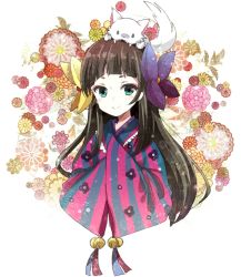 Rule 34 | 10s, 1girl, animal, animal on head, bell, biting, black hair, cat, fangs, floral background, flower, green eyes, hair ornament, hime cut, hiroichi, japanese clothes, kimono, long hair, marimari (show by rock!!), on head, show by rock!!, smile, solo, upper body