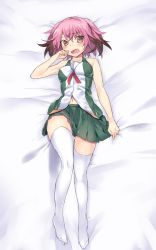 Rule 34 | 1girl, bed sheet, blush, breasts, brown hair, colored tips, fang, green skirt, hair between eyes, highres, kantai collection, kunashiri (kancolle), lying, medium breasts, medium hair, multicolored hair, navel, on back, open mouth, orange eyes, picoli1313, pink hair, pleated skirt, shirt, skin fang, skirt, sleeveless, sleeveless shirt, solo, thighhighs, two side up, white thighhighs