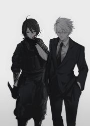 Rule 34 | 1boy, 1girl, ahoge, arm tattoo, blood, blood on face, blue eyes, chequita, closed mouth, combat knife, formal, gloves, gradient background, greyscale, hair between eyes, half-closed eyes, hands in pockets, highres, holding, holding knife, holding weapon, jormungand (manga), kasper hekmatyar, knife, male focus, monochrome, multiple boys, narue, sleeve rolled up, smile, spot color, standing, suit, tattoo, weapon