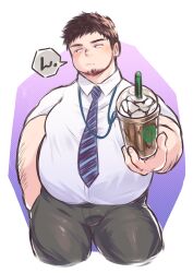 Rule 34 | 1boy, :/, arm hair, averting eyes, bara, belly, black hair, blush, bulge, collared shirt, cropped legs, cup, disposable cup, facial hair, fat, fat man, goatee, goatee stubble, highres, incoming drink, long sideburns, male focus, mature male, necktie, obese, original, osu (osumankokuou), plump salaryman (osu), salaryman, shirt, short hair, sideburns, sideburns stubble, solo, stubble, thick eyebrows, thick thighs, thighs, tsundere