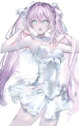 Rule 34 | 1girl, absurdres, breasts, cleavage, copyright request, dress, gawako, hair ribbon, hands up, highres, long hair, looking at viewer, medium breasts, open mouth, pink hair, ribbon, simple background, solo, standing, strapless, strapless dress, very long hair, white background, white dress