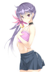 Rule 34 | 10s, 1girl, akebono (kancolle), arched back, b-ginga, bare arms, bare shoulders, bell, breasts, cowboy shot, crop top, eyes visible through hair, flower, from side, hair bell, hair between eyes, hair flower, hair ornament, hands on own chest, jingle bell, kantai collection, long hair, looking at viewer, midriff, pleated skirt, purple eyes, purple hair, side ponytail, simple background, skirt, small breasts, solo, swimsuit, tank top, wavy mouth, white background