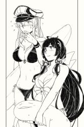 Rule 34 | 2girls, ahoge, alternate costume, bare shoulders, bikini, blunt bangs, blush, bow, breasts, cleavage, closed mouth, collarbone, cowboy shot, cross, enemy lifebuoy (kancolle), flying sweatdrops, graf zeppelin (kancolle), greyscale, hair between eyes, hair bow, hair over shoulder, hair ribbon, hair tubes, hat, innertube, iron cross, kantai collection, long hair, midriff, military hat, mizuho (kancolle), monochrome, multiple girls, navel, peaked cap, ribbon, side-tie bikini bottom, sidelocks, simple background, smile, sweat, swim ring, swimsuit, twintails, very long hair, weidashming, white background, wristband