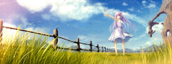 Rule 34 | 1girl, animal, cloud, cloudy sky, day, dress, female focus, fence, floating hair, full body, grass, green eyes, highres, long hair, long image, original, outdoors, outstretched arm, pink hair, sky, sleeveless, sleeveless dress, solo, standing, sundress, tenmaso, very long hair, white dress, wide image