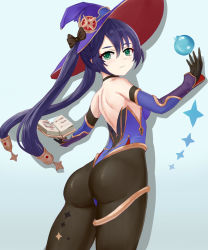 Rule 34 | 1girl, artist request, ass, bare shoulders, blush, breasts, crystal ball, detached sleeves, from behind, genshin impact, gloves, green eyes, hat, highres, leotard, long hair, looking at viewer, looking back, medium breasts, mona (genshin impact), pantyhose, purple hair, shiny clothes, shiny skin, sideboob, smile, solo, twintails, very long hair