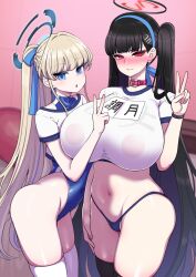 Rule 34 | 2girls, ass, black hair, blonde hair, blue archive, blue eyes, blue hair, blue panties, blush, breasts, collar, covered navel, hair ornament, hairband, hairclip, halo, hanauna, highres, large breasts, leotard, long hair, looking at viewer, multicolored hair, multiple girls, navel, open mouth, panties, ponytail, red eyes, rio (blue archive), sweatdrop, thighhighs, toki (blue archive), twintails, two-tone hair, underwear, v, very long hair, white thighhighs
