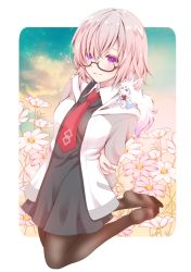Rule 34 | 1girl, black-framed eyewear, black dress, black pantyhose, blush, closed mouth, dress, fate/grand order, fate (series), fou (fate), full body, glasses, hair over one eye, jacket, light purple hair, long sleeves, looking at viewer, mash kyrielight, open clothes, open jacket, pantyhose, purple eyes, red neckwear, sheepd, short hair, smile, solo