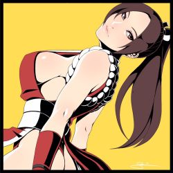 Rule 34 | 1girl, arm guards, bare shoulders, breasts, brown eyes, fatal fury, from side, grin, hair tie, high ponytail, its just suppi, large breasts, long hair, looking to the side, ninja, obi, pelvic curtain, pink lips, ponytail, revealing clothes, rope, sash, shiranui mai, sideboob, smile, snk, solo, the king of fighters, yellow background