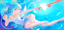 Rule 34 | 1girl, absurdres, angel, arm up, ass, ballet slippers, bell, blue background, blue sky, blue theme, blush, bracelet, braid, breasts, bridal garter, choker, closed mouth, cloud, day, disembodied limb, feathered wings, feathers, female focus, fine art parody, halo, hand up, highres, jewelry, jingle bell, jpeg artifacts, kaede (shijie heping), leotard, long hair, lying, neck bell, on side, original, outdoors, outstretched arm, parody, pointing, reaching, red eyes, sidelocks, skindentation, sky, small breasts, solo focus, strapless, strapless leotard, sun, sweat, the creation of adam, twin braids, twintails, very long hair, white choker, white footwear, white hair, white leotard, white wings, wings