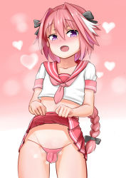 Rule 34 | 1boy, absurdres, astolfo (fate), blush, bow, braid, bulge, clothes lift, collarbone, cowboy shot, fang, fate/apocrypha, fate (series), hair between eyes, hair bow, heart, heart in eye, highres, lifting own clothes, long hair, looking at viewer, male focus, multicolored hair, navel, note2000, open mouth, panties, penis, penis in panties, pink eyes, pink hair, pink panties, pink skirt, pleated skirt, school uniform, serafuku, shirt, single braid, skirt, skirt lift, smell, solo, standing, steam, streaked hair, symbol in eye, trap, underwear, white hair, white shirt
