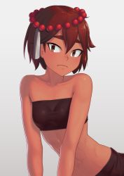 Rule 34 | 1girl, abs, ajna (indivisible), beads, breasts, brown eyes, brown hair, closed mouth, collarbone, dark skin, dark-skinned female, highres, indivisible, looking at viewer, putcher, ribs, short hair, simple background, small breasts, solo, strapless, tube top