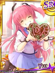 Rule 34 | 10s, 1girl, ^ ^, angel beats!, candy, card (medium), chocolate, chocolate heart, closed eyes, demon tail, closed eyes, food, grin, heart, long hair, pink hair, remotaro, school uniform, serafuku, sleeves rolled up, smile, solo, tail, twintails, two side up, valentine, yui (angel beats!)