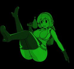 Rule 34 | 1girl, ?, ??, ass, black background, boots, breasts, curvy, fallout (series), fallout 4, gun, huge ass, large breasts, short hair, skindentation, snowbox, thick thighs, thighs, vault girl, vault meat, weapon