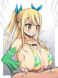 Rule 34 | 1boy, 1girl, bikini, blonde hair, breasts, cleavage, cum, cum on body, cum on breasts, cum on upper body, facial, fairy tail, gradient background, grey background, heart, heart-shaped pupils, hetero, highres, huge breasts, large breasts, long hair, lucy heartfilia, paizuri, paizuri under clothes, penis, projectile cum, sakidesu, sex, smile, swimsuit, symbol-shaped pupils, white background, yellow bikini