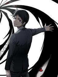 Rule 34 | &gt;:d, 1boy, 791 (meiyuewudi), :d, black hair, black pants, black suit, business suit, cowboy shot, demon, empty eyes, fingernails, formal, fullmetal alchemist, green eyes, highres, long sleeves, looking at viewer, looking back, magic, male focus, open hand, open mouth, outstretched arm, pants, parted lips, pride (fma), purple eyes, red eyes, sharp teeth, simple background, smile, solo, spoilers, suit, teeth, tsurime, v-shaped eyebrows, white background