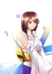 Rule 34 | 00s, 1girl, bare shoulders, blue eyes, breasts, brown hair, cleavage, dekataros, detached sleeves, final fantasy, final fantasy x, green eyes, heterochromia, highres, japanese clothes, jewelry, looking at viewer, necklace, short hair, smile, solo, yuna, yuna (ff10)