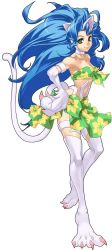 Rule 34 | 1girl, ahoge, animal ears, animal hands, armpits, bandeau, big hair, bikini, blue hair, breasts, capcom, cat ears, cat tail, claws, cleavage, commentary, cross edge, felicia (vampire), floral print, front-tie top, fur, green eyes, hand on own hip, highres, leg lift, light smile, long hair, long legs, looking at viewer, nakamura tatsunori, navel, official art, print bikini, profile, sarong, simple background, slit pupils, small breasts, smile, solo, standing, standing on one leg, swimsuit, tail, vampire (game), very long hair, wavy hair, white background