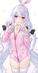 Rule 34 | 1girl, animal ears, azur lane, black bow, blush, bow, breasts, brown background, collarbone, commentary request, fake animal ears, gradient background, grey hair, grin, hair between eyes, hair bow, hair ornament, hairband, head tilt, highres, laffey (azur lane), long hair, long sleeves, looking at viewer, low twintails, nakazawa aki, pink hairband, pink shirt, polka dot, polka dot shirt, rabbit ears, rabbit hair ornament, red eyes, shirt, small breasts, smile, solo, standing, striped clothes, striped thighhighs, thighhighs, thighs, twintails, very long hair, white background
