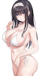 Rule 34 | 1girl, absurdres, bare arms, bare shoulders, bikini, black hair, blue eyes, breasts, cleavage, collarbone, commentary, cowboy shot, from side, groin, hair between eyes, hairband, halterneck, hand on own crotch, hand up, highres, idolmaster, idolmaster cinderella girls, large breasts, light blush, long hair, looking at viewer, looking to the side, navel, parted lips, raised eyebrows, sagisawa fumika, sateridas, side-tie bikini bottom, sidelocks, simple background, solo, standing, stomach, strap gap, string bikini, sweat, swimsuit, white background, white bikini, white hairband