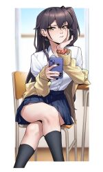 Rule 34 | 1girl, absurdres, arm support, black nails, black skirt, black socks, brown hair, cardigan, cellphone, chair, closed mouth, collared shirt, commentary, cropped legs, crossed legs, desk, emile aoi, english commentary, girls&#039; frontline, green pupils, highres, holding, holding phone, indoors, inset border, long hair, looking at phone, one side up, paid reward available, phone, pleated skirt, scar, scar across eye, school desk, school uniform, scrunchie, shirt, skirt, smartphone, socks, solo, ump45 (girls&#039; frontline), white shirt, wrist scrunchie, yellow cardigan, yellow eyes