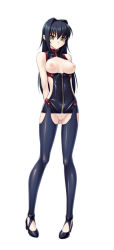 Rule 34 | 1girl, annerose vajra, black hair, black legwear, bodysuit, breasts, breasts out, clenched hand, copyright name, dress, full body, hair between eyes, hair intakes, high heels, hip focus, holding, impossible clothes, kagami hirotaka, koutetsu no majo annerose, koutetsu no majo anneroze, legs, lilith-soft, lipstick, logo, long hair, long legs, looking at viewer, makeup, nipples, no bra, official art, serious, shiny clothes, shoes, short dress, side slit, sideboob, simple background, skin tight, solo, standing, sticker, thighs, turtleneck, white background, yellow eyes