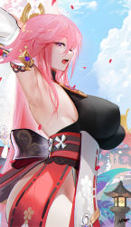 Rule 34 | 1girl, animal ears, armpits, arms behind head, arms up, bare shoulders, blouse, breasts, detached sleeves, fox ears, genshin impact, hair ornament, highres, japanese clothes, jewelry, kimono, large breasts, long hair, looking at viewer, necklace, obi, omone hokoma agm, open mouth, pendant, pink hair, purple eyes, red skirt, sash, shirt, sideboob, sidelocks, skirt, sleeveless, sleeveless kimono, sleeveless shirt, solo, thighs, very long hair, white kimono, white shirt, wide sleeves, yae miko