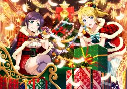 Rule 34 | 10s, 2girls, arm support, ayase eli, bell, bent over, black hair, blonde hair, blue eyes, box, capelet, christmas, christmas tree, collarbone, crossed legs, feathers, gift, gift box, green eyes, hair ornament, high ponytail, highres, holding, looking at viewer, love live!, love live! school idol festival, love live! school idol project, multiple girls, official art, open mouth, santa costume, sitting, smile, star (symbol), striped clothes, striped legwear, striped thighhighs, thighhighs, tojo nozomi, vertical-striped clothes, vertical-striped thighhighs, white feathers, wrist cuffs, zettai ryouiki