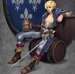 Rule 34 | 1girl, blonde hair, blue eyes, breasts, cleavage, highres, scar, short hair, sitting, solo, sword, the witcher (series), ves (the witcher), weapon