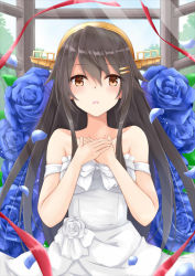 Rule 34 | 1girl, absurdres, black hair, blue flowers, brown eyes, dress, flower, gensoukitan, hair ornament, hairband, hairclip, hand on own chest, haruna (kancolle), highres, kantai collection, long hair, off-shoulder dress, off shoulder, outdoors, solo, strapless, strapless dress, white dress