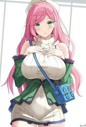 Rule 34 | 1girl, bare shoulders, blush, breasts, covered navel, green eyes, green jacket, hands on own chest, highres, jacket, keenh, large breasts, long hair, looking at viewer, original, pink hair, simple background, sleeveless, sleeveless turtleneck, smile, solo, striped, sweater, sweater vest, turtleneck, turtleneck sweater, vertical stripes, white background, white headwear