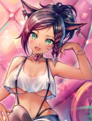 Rule 34 | 1girl, :d, absurdres, animal ears, arm up, warrior of light (ff14), bangle, bare arms, bare shoulders, black hair, black legwear, bracelet, braid, breasts, brooch, cat ears, choker, close-up, collarbone, commission, crop top, crop top overhang, earrings, facial mark, fang, final fantasy, final fantasy xiv, green eyes, hair ornament, head tilt, highleg, highres, jewelry, large breasts, long hair, looking at viewer, midriff, miqo&#039;te, mirukurim, navel, open mouth, parted bangs, ponytail, shirt, sleeveless, sleeveless shirt, slit pupils, smile, solo, stomach, suspenders, underboob, white shirt