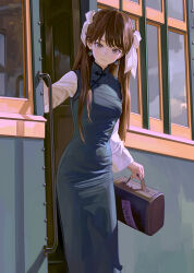 Rule 34 | 1girl, briefcase, brown eyes, brown hair, closed mouth, day, dress, fkey, green dress, hair ribbon, highres, holding, holding briefcase, long hair, long sleeves, looking at viewer, original, outdoors, ribbon, solo, standing, train, twintails, white ribbon