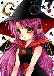 Rule 34 | 1girl, bad id, bad pixiv id, bat wings, growlanser, growlanser iii, hat, long hair, pink hair, pointy ears, raimy, riko (kujira215), shiny skin, solo, star (symbol), starry background, very long hair, white background, wings, witch hat, yellow eyes